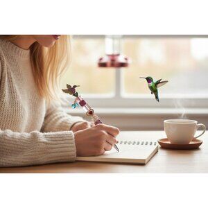 Hummingbird-Themed Decorative Pen With Rhinestones & Beads Pink & Gold Design He